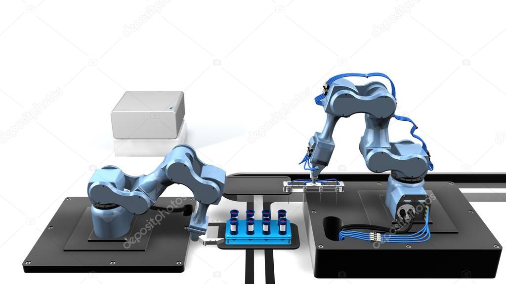 3D model of an automated laboratory with two mechanical arms taking samples from a tray of test tubes with white background. 3D render image