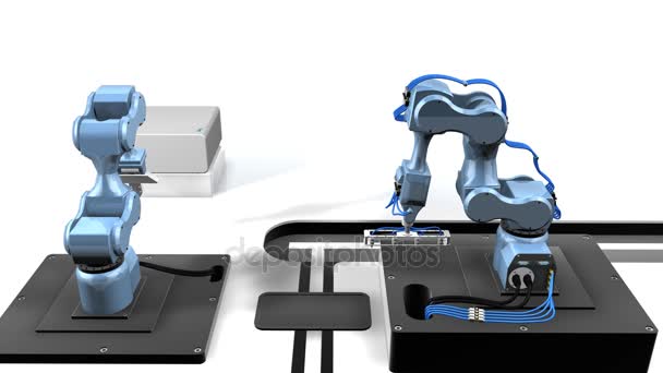 Animation 3D d'un laboratoire automatisé avec deux bras mécaniques prélevant des échantillons sur un plateau de éprouvettes sur fond blanc avec espace de copie. Séquence de boucle — Video