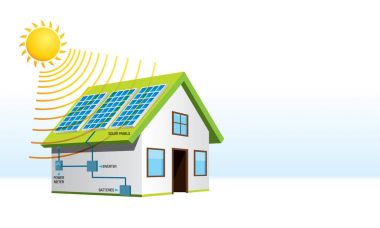 Beyaz arka planda sistem bileşenlerinin adları ile güneş enerji yüklenmesi ile küçük ev. Yenilenebilir enerji - vektör görüntü