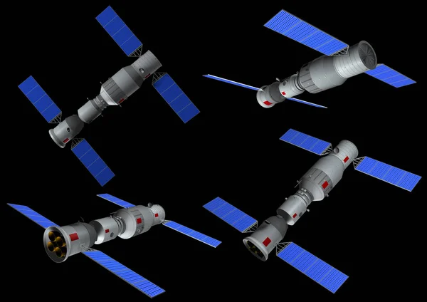 3D-model van Chinese ruimtestation Tiangong in verschillende posities op zwarte achtergrond — Stockfoto