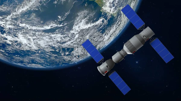 3D model of the Chinese space station Tiangong orbiting the planet Earth. 3D rendering