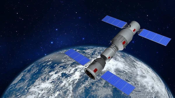 3D модель китайской космической станции Тяньгун, вращающейся вокруг планеты Земля. 3D рендеринг — стоковое фото