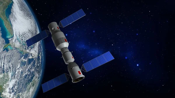 3D model of the Chinese space station Tiangong orbiting the planet Earth. 3D rendering