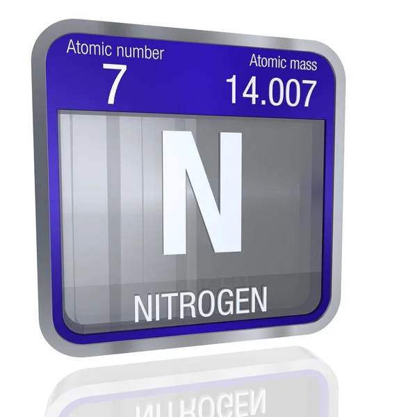 Símbolo de nitrogênio em forma quadrada com borda metálica e fundo transparente com reflexão no chão. Renderização 3D. Elemento número 7 da Tabela Periódica dos Elementos - Química — Fotografia de Stock
