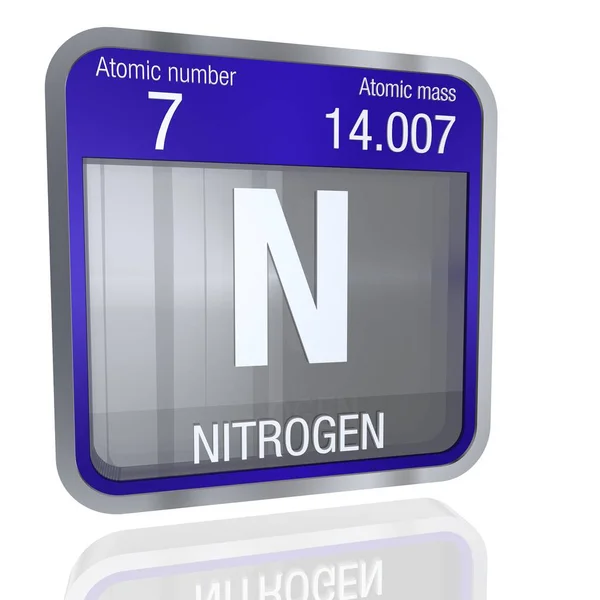 带金属边框和透明背景的方形氮符号, 在地板上有反射。3d 渲染。元素周期表的元素编号 7-化学 — 图库照片