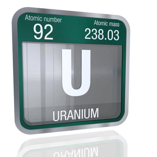 Символ урана квадратной формы с металлической каймой и прозрачным фоном с отражением на полу. 3D визуализация. Элемент 92 Периодической таблицы элементов - химия — стоковое фото