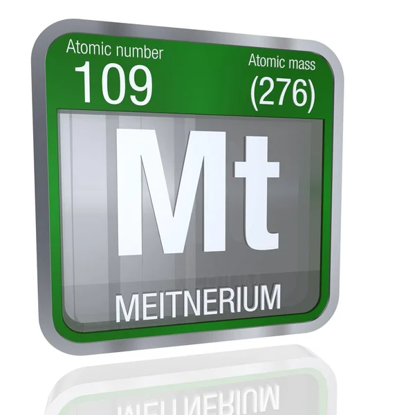 Símbolo Meitnerium en forma cuadrada con borde metálico y fondo transparente con reflejo en el suelo. Representación 3D. Elemento número 109 de la Tabla Periódica de los Elementos Química —  Fotos de Stock