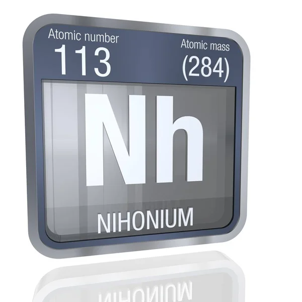 Nihonium symbol i fyrkantig form med metallisk kant och transparent bakgrund med reflektion på golvet. 3D render. Elementnummer 113 i det periodiska systemet av element - kemi — Stockfoto