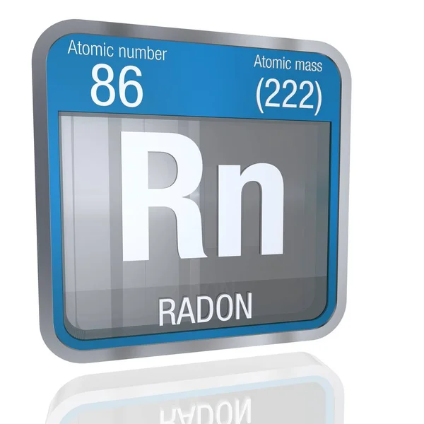 Radon symbool in vierkante vorm met metalen rand en transparante achtergrond met reflectie op de verdieping. 3D render. Element nummer 86 van de periodieke tabel van de elementen - chemie — Stockfoto