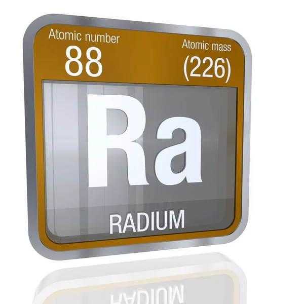 Radium-Symbol in quadratischer Form mit metallischem Rand und transparentem Hintergrund mit Reflexion am Boden. 3D-Darstellung. Element Nummer 88 des Periodensystems der Elemente - Chemie — Stockfoto