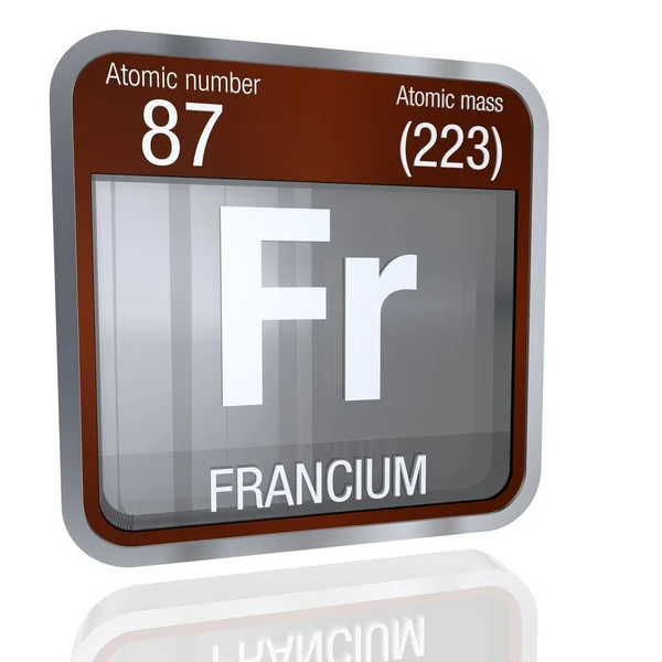 Francium symbol w kształt kwadratu z metaliczne obramowanie i przezroczyste tło z odbiciem na podłodze. renderowania 3D. Element numer 87 układu okresowego pierwiastków - chemia — Zdjęcie stockowe