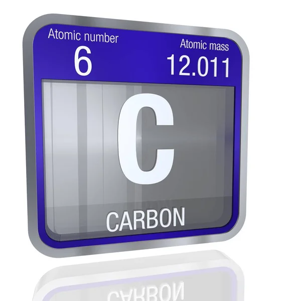 Углеродный символ в квадратной форме с металлической каймой и прозрачным фоном с отражением на полу. 3D визуализация. Элемент номер 6 Периодической таблицы элементов - химия — стоковое фото