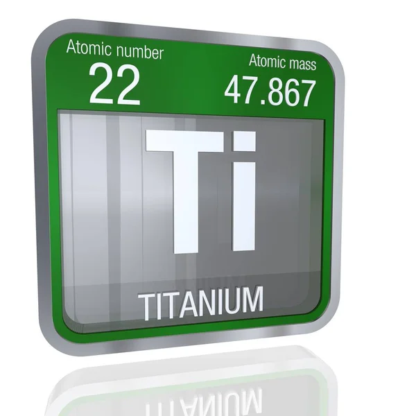 Титановый символ в квадратной форме с металлической каймой и прозрачным фоном с отражением на полу. 3D визуализация. Элемент номер 22 Периодической таблицы элементов - химия — стоковое фото