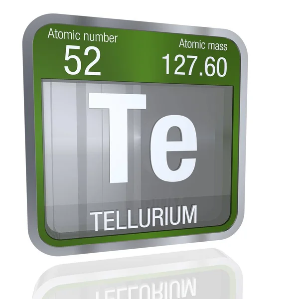 Simbol telurium berbentuk persegi dengan batas logam dan latar belakang transparan dengan pantulan di lantai. Tampilan 3D. Unsur nomor 52 Tabel Periodik Elemen Kimia — Stok Foto