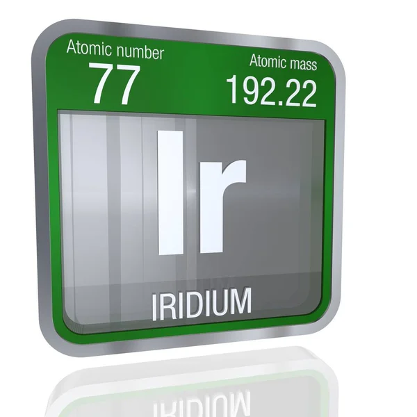 Iridium symbool in vierkante vorm met metalen rand en transparante achtergrond met reflectie op de verdieping. 3D render. Element nummer 77 van de Periodic Table of the Elements - chemie — Stockfoto