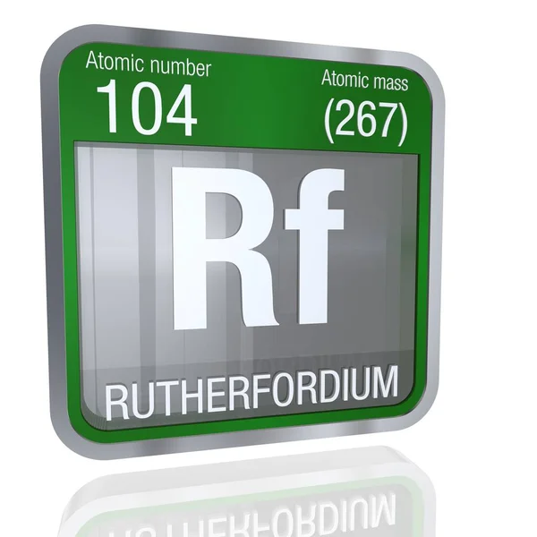 Rutherfordium symbool in vierkante vorm met metalen rand en transparante achtergrond met reflectie op de verdieping. 3D render. Element nummer 104 van de Periodic Table of the Elements - chemie — Stockfoto