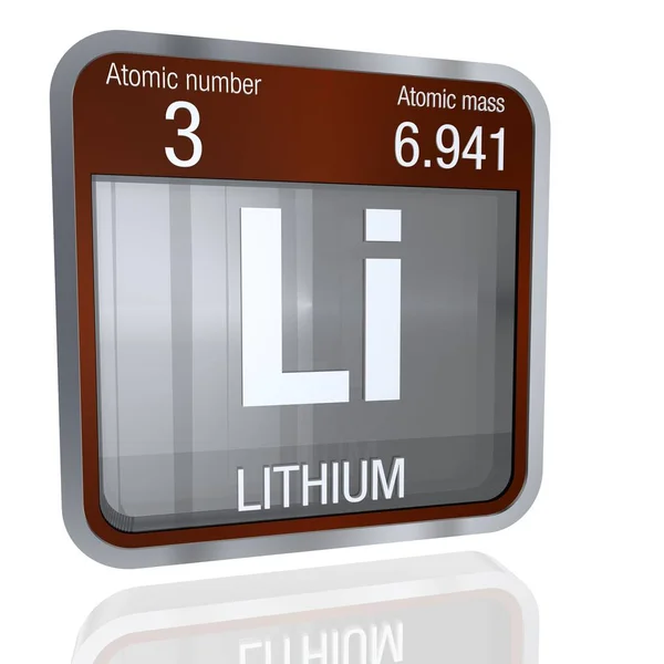 リチウム金属の枠線付き四角形状で床に反射すると背景が透明なシンボルです。3 d のレンダリング。-化学要素の周期的なテーブルの要素数 3 — ストック写真