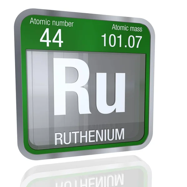 Ruthenium symbool in vierkante vorm met metalen rand en transparante achtergrond met reflectie op de verdieping. 3D render. Element nummer 44 van de Periodic Table of the Elements - chemie — Stockfoto