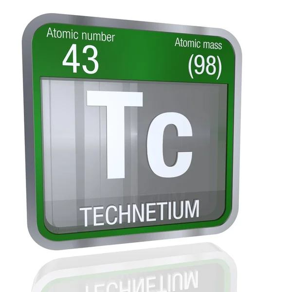 사각형 모양의 금속 테두리와 바닥에 투명 한 배경에서 테크네튬 기호입니다. 3d 렌더링입니다. 요소-화학의 주기율표의 요소 번호 43 — 스톡 사진