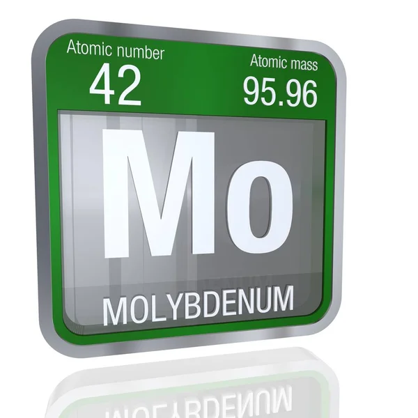 Molybdän-Symbol in quadratischer Form mit metallischem Rand und transparentem Hintergrund mit Reflexion auf dem Boden. 3D-Darstellung. Element Nummer 42 des Periodensystems der Elemente - Chemie — Stockfoto