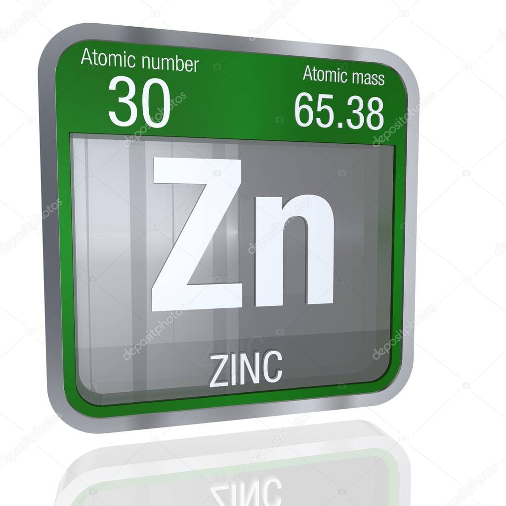 Zinc symbol  in square shape with metallic border and transparent background with reflection on the floor. 3D render. Element number 30 of the Periodic Table of the Elements - Chemistry