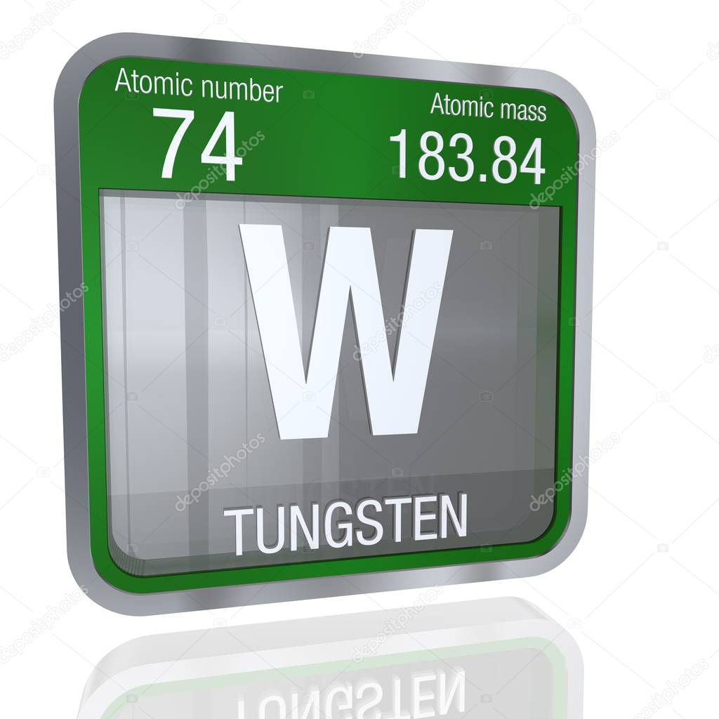 Tungsten symbol  in square shape with metallic border and transparent background with reflection on the floor. 3D render. Element number 74 of the Periodic Table of the Elements - Chemistry