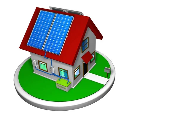 3D-Modell eines kleinen Hauses mit einer installierten Solaranlage, mit 4 Sonnenkollektoren auf dem roten Dach auf einer weißen Scheibe, mit einem Briefkasten in der Front. 3D-Darstellung. - erneuerbare Energien — Stockfoto