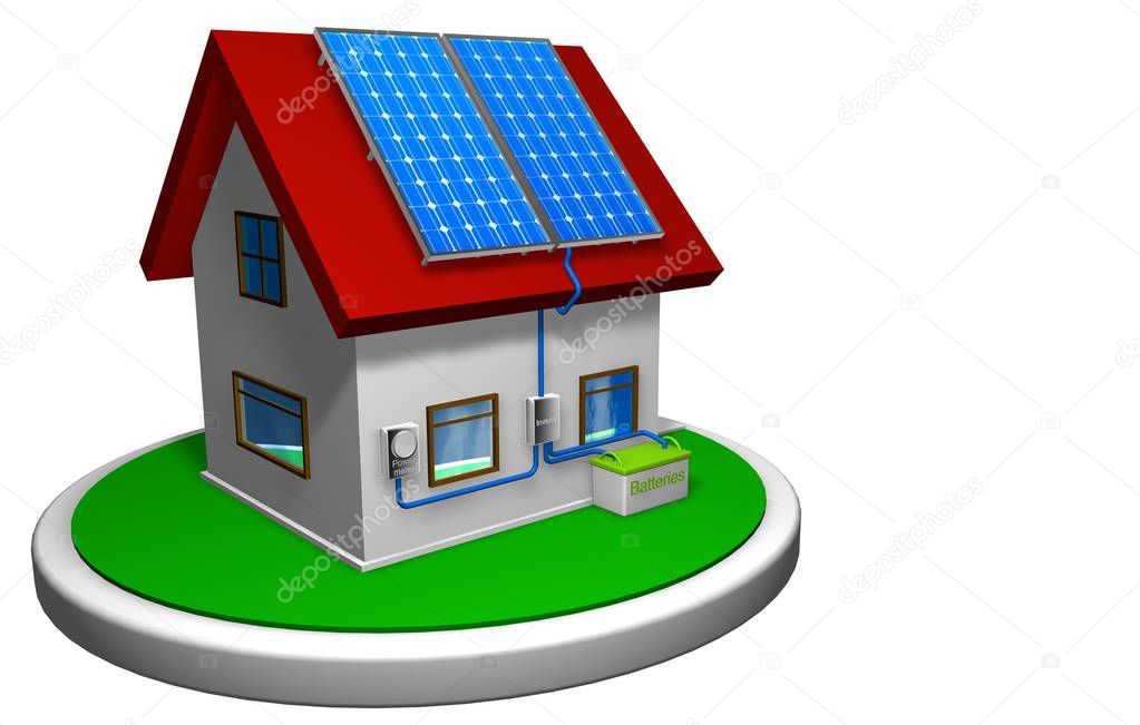 3D model of a small house with a solar energy system installed, with 4 solar panels on the red roof on a white disk, with a mailbox in the front. 3D render. - Renewable Energy