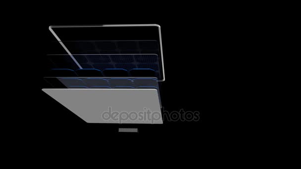 Animación 3D muestra cómo un panel solar se divide en sus partes mientras gira 360 grados - Energía Renovable - Canal Alfa incluido — Vídeos de Stock