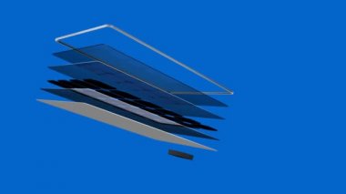 Animasyon 3d gösterir nasıl bir güneş paneli, bölüme ayrılmıştır üzerinde 360 derece, her bölümü ezici isimlerini dönen iken mavi arka plan - yenilenebilir enerji
