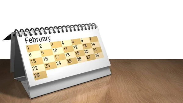 Modelul 3D al unui calendar desktop din februarie în culoare albă pe o masă de lemn pe fundal alb randare 3D — Fotografie, imagine de stoc