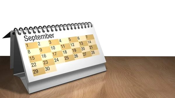 Τρισδιάστατο μοντέλο του ένα επιτραπέζιο ημερολόγιο Σεπτεμβρίου σε λευκό χρώμα, σε ένα ξύλινο τραπέζι σε λευκό φόντο-3d καθιστούν — Φωτογραφία Αρχείου
