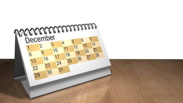 Τρισδιάστατο μοντέλο του ένα επιτραπέζιο ημερολόγιο Δεκεμβρίου σε λευκό χρώμα, σε ένα ξύλινο τραπέζι σε λευκό φόντο-3d καθιστούν — Φωτογραφία Αρχείου