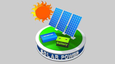 3 güneş panelleri, bir inverter ve güneş beyaz bir arka planda - yenilenebilir enerji - 3d render ile bir pil oluşan bir güneş enerjisi ekipman 3D modeli