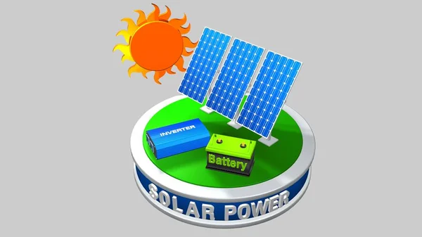 Modello 3D di un impianto a energia solare composto da 3 pannelli solari, un inverter e una batteria con il sole alle spalle su sfondo bianco - Energia Rinnovabile - rendering 3D — Foto Stock