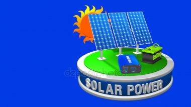 3 güneş panelleri, bir inverter ve güneş mavi ile 360 derece dönen bir pil oluşan bir güneş enerjisi ekipman 3D animasyon arka plan - yenilenebilir enerji - döngü sıra
