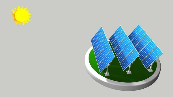 Model 3D grupy paneli słonecznych na ścieżce słońca z białym tłem - odnawialne źródła energii - 3d render — Zdjęcie stockowe