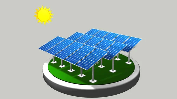 Modelo 3D de um grupo de painéis solares seguindo o caminho do sol com fundo branco - Energias Renováveis - renderização 3D — Fotografia de Stock