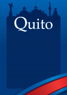 Mavi ve kırmızı bayrak ve arka planda şehir silüeti Quito şehir tasarımı. Ekvator Cumhuriyeti başkenti Quito olduğunu