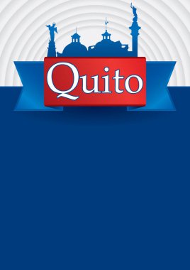 Mavi ve kırmızı bayrak ve arka planda şehir silüeti Quito şehir tasarımı. Ekvator Cumhuriyeti başkenti Quito olduğunu