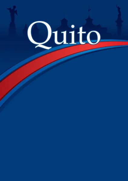 Projeto da cidade de QUITO com bandeira azul e vermelha e silhueta da cidade no fundo. Quito é a capital da República do Equador —  Vetores de Stock