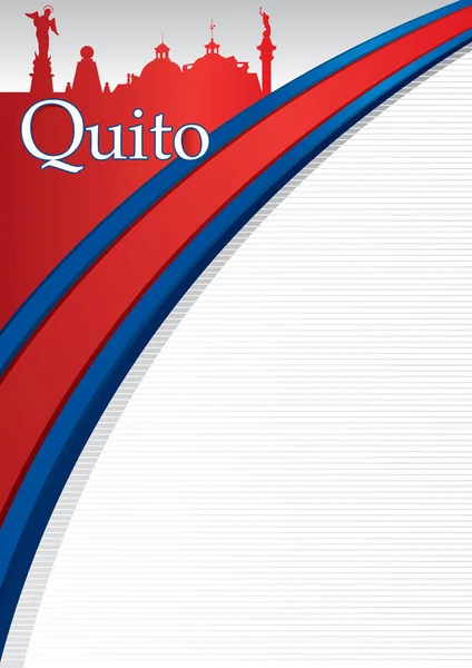 Diseño de la ciudad de QUITO con bandera azul y roja y silueta de la ciudad en el fondo. Quito es la capital de la República del Ecuador — Vector de stock