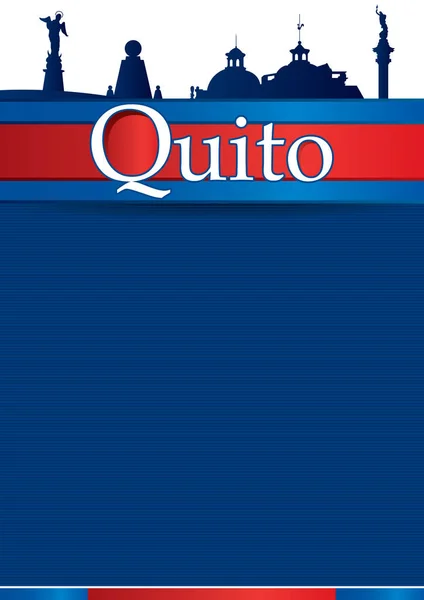 Ontwerp van de stad van Quito met blauwe en rode vlag en silhouet van de stad op de achtergrond. Quito is de hoofdstad van de Republiek Ecuador — Stockvector