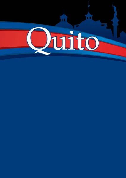 青と赤の旗、バック グラウンドで市のシルエットを持つ Quito 市のデザイン。キト、エクアドル共和国の首都 — ストックベクタ