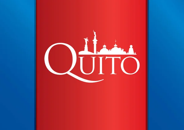Design der Stadt Quito mit blauer und roter Flagge und Silhouette der Stadt im Hintergrund. quito ist die hauptstadt der republik ecuador — Stockvektor