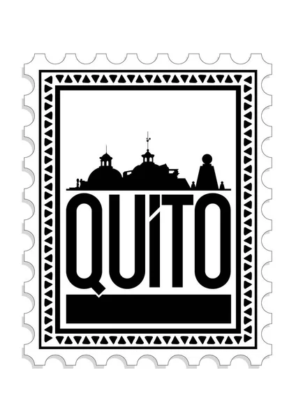 Design der Stadt Quito mit der Silhouette der Stadt im Hintergrund in einem Briefmarkenrahmen. quito ist die hauptstadt der republik ecuador — Stockvektor