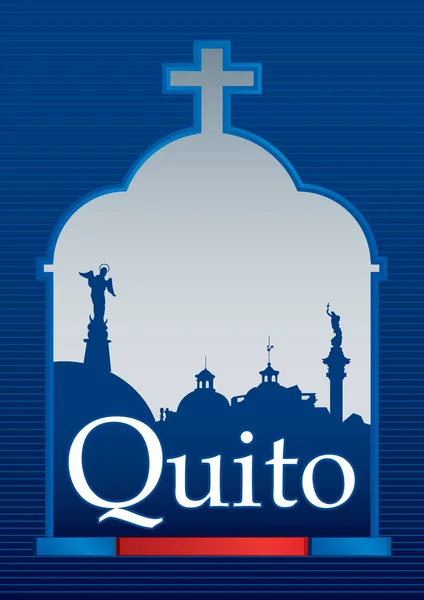 Diseño de la ciudad de QUITO con bandera azul y roja y silueta de la ciudad en el fondo dentro de un marco de ventana de la iglesia. Quito es la capital de la República del Ecuador — Archivo Imágenes Vectoriales