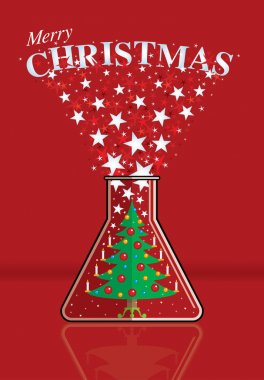 Christmas tree decorated with burning candles inside a flask ejecting white stars with Merry Christmas message on a red background. Vector image clipart