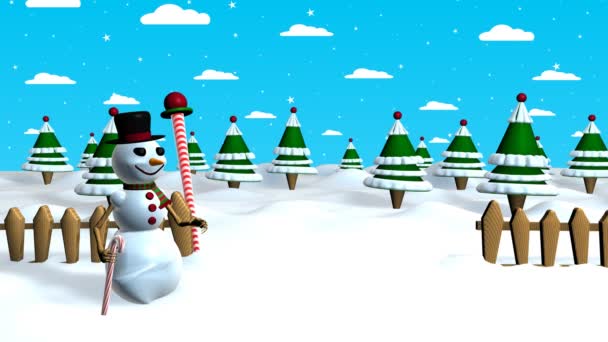 Χριστουγεννιάτικη Σκηνή Του Έναν Χιονάνθρωπο Τραβώντας Ένα Χριστουγεννιάτικο Δέντρο Έξω — Αρχείο Βίντεο