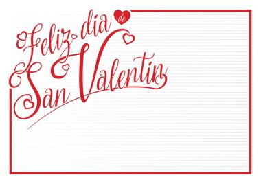 Beyaz kart kırmızı harflerle Feliz Dia De San Valentin - İspanyolca dil - Happy Valentine's Day mesaj ile kırmızı kenarlıklı